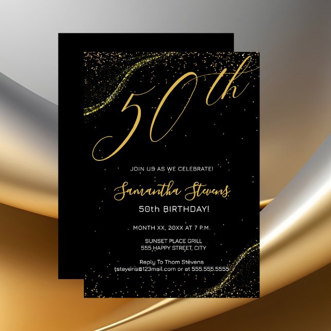 Convite 50th Birthday Party Gold and Black (Gold 50th Birthday Party Invitation on Black)