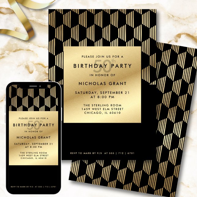 Convite 50th Birthday Party Modern Black and Gold Foil (Criador carregado)