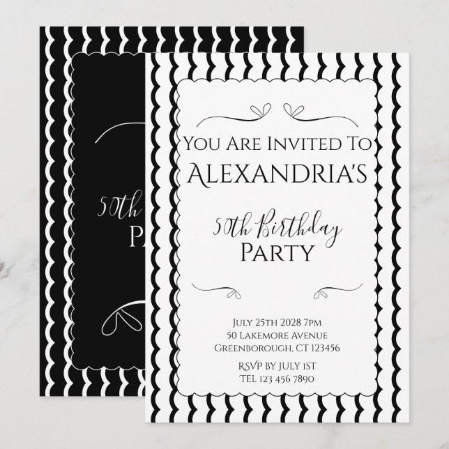 Convite 50th Birthday Party Modern Black and White (Frente/Verso)