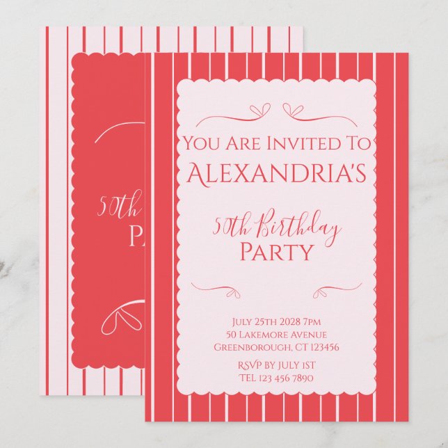 Convite 50th Birthday Party Pink Red Stripes Invitation (Frente/Verso)