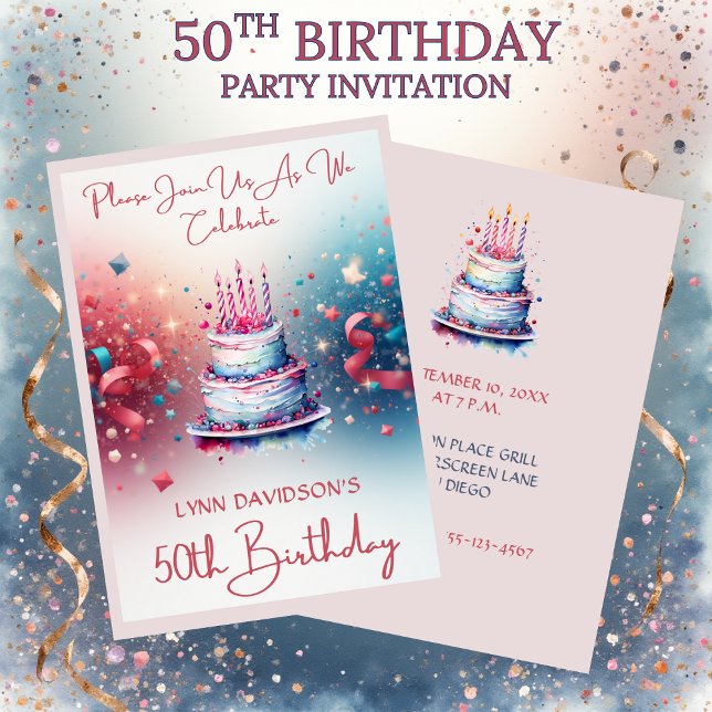 Convite 50th Birthday Party Pink Watercolor (50th Birthday Party Invitation Pink Watercolors)