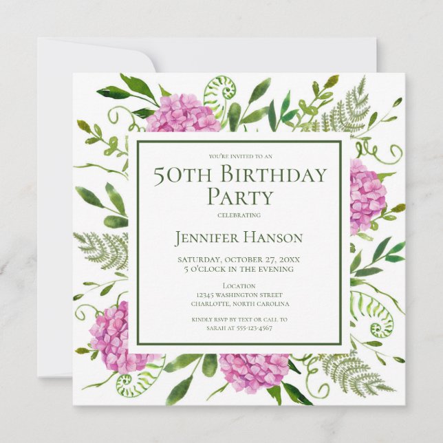 Convite 50th Birthday Pink Hydrangeas Card Request  (Frente)
