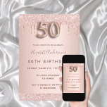 Convite 50th birthday rose gold glitter drips pink glam<br><div class="desc">A modern, stylish and glamorous invitation for a 50th birthday party. A faux rose gold metallic looking background with an elegant faux rose gold glitter drip, paint drip look. The name is written with a modern dark rose gold colored hand lettered style script. Personalize and add your party details. Number...</div>