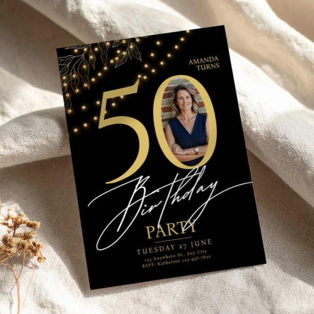 Convite 50th Birthday with Photo Elegant Black & Gold (50th Birthday with Photo Elegant Black & Gold, 50th Birthday Women, Photo Birthday Card)
