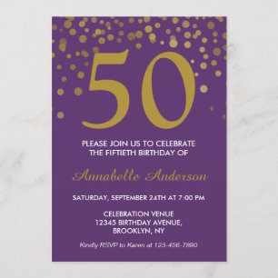 Convite 50th Do ponto Dourado roxo dos confetes do