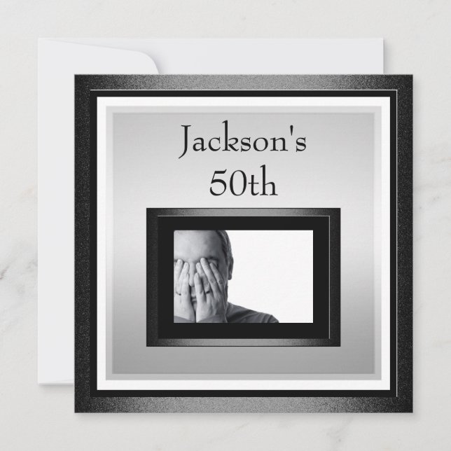 Convite 50th Foto preta de prata branca do aniversário (Frente)