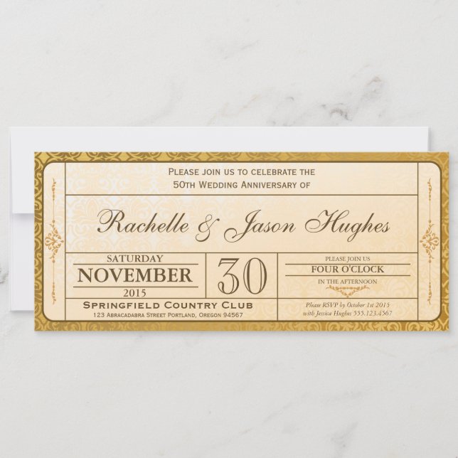 Convite 50th Gold Wedding Anniversary Invitation Ticket (Frente)