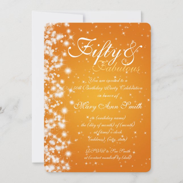 Convite 50th Laranja da faísca da festa de aniversário (Frente)