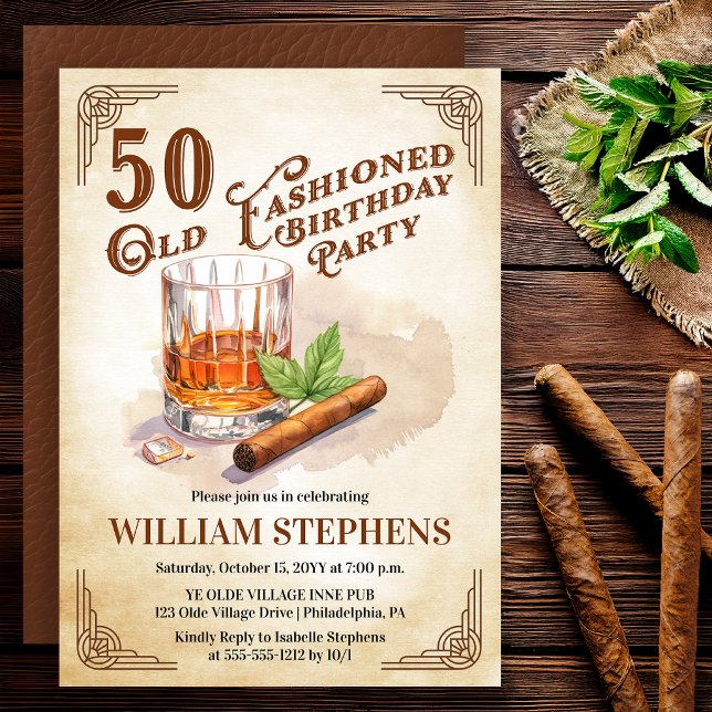 Convite 50th Old Fashioned Whiskey Cigar Birthday Party (Old Fashioned whiskey 50th birthday invitation with vintage masculine style)