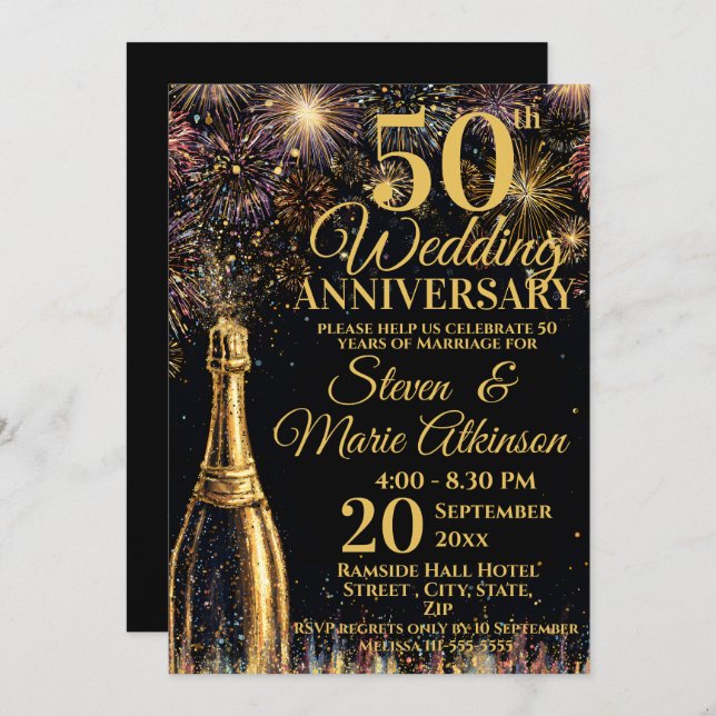 Convite 50th Wedding Anniversary Bubbly Celebration Gold (Frente/Verso)