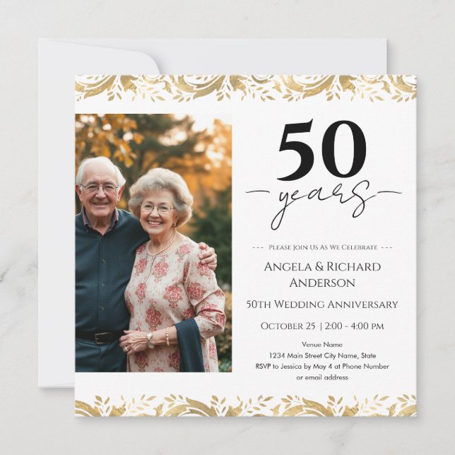 Convite 50th Wedding Anniversary Gold Black Photo Invitati (Frente)