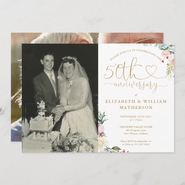 Convite 50th Wedding Anniversary Gold Heart Floral 2 Photo (Frente/Verso)