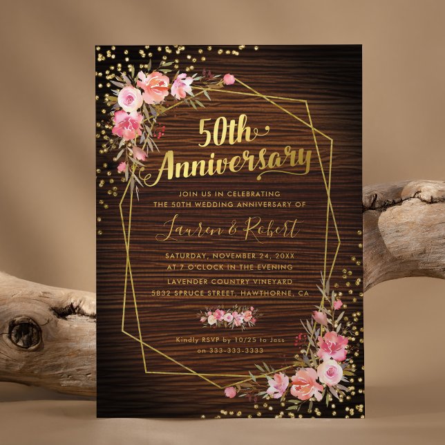 Convite 50th Wedding Anniversary Rustic Gold Pink Floral (Criador carregado)