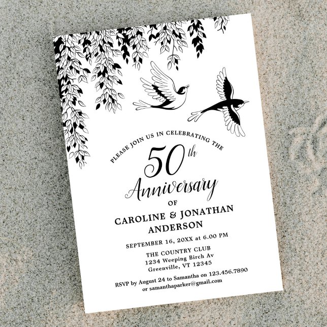Convite 50th Wedding Anniversary Silver Birch Flying Birds (Criador carregado)