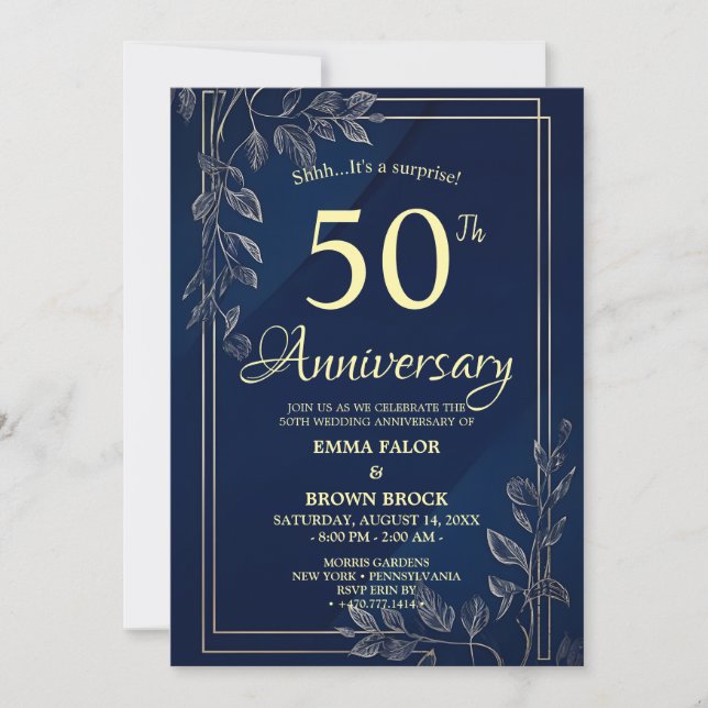 Convite 50th Wedding Anniversary Surprise Invitation Navy  (Frente)