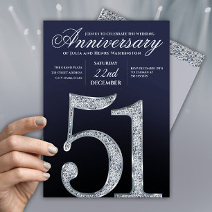 Convite 51º Aniversário Diamante Prata Azul Marinho Modern