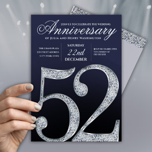 Convite 52º Aniversário Diamante Prata Azul-Marinho Modern