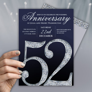 Convite 52º Aniversário Diamante Prata Azul-Marinho Modern