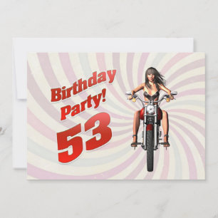 Convite 53ª festa de aniversário com uma garota em uma mot