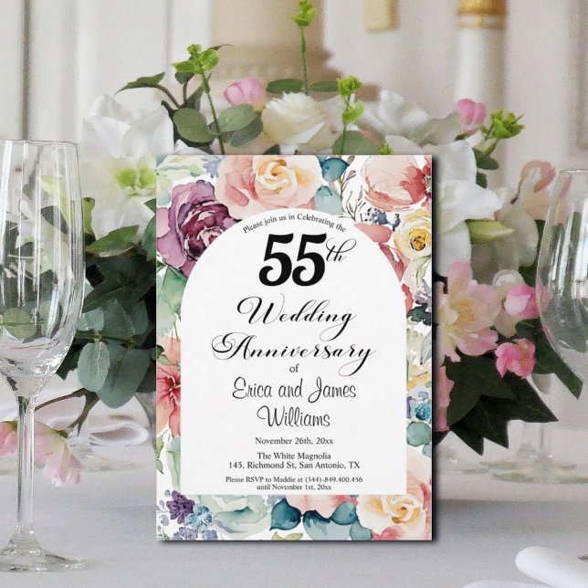 Convite 55º aniversário de casamento Script Elegante Flora (Criador carregado)
