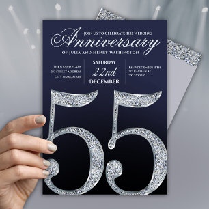 Convite 55º Aniversário Diamante Prata Azul Marinho Modern
