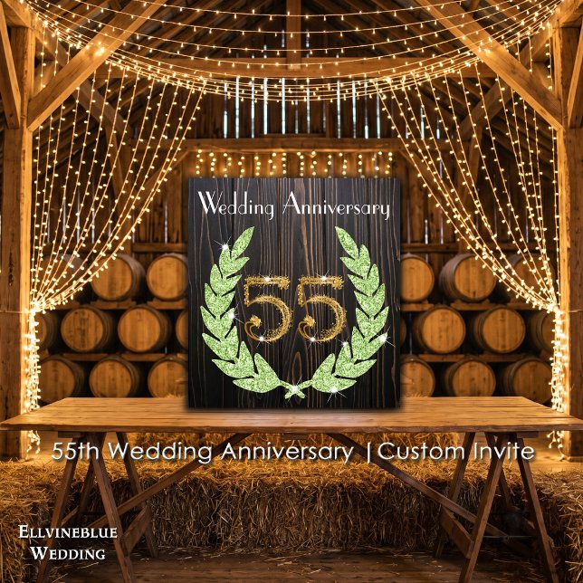 Convite 55º Aniversário | Esmeralda, Madeira Rústica e Dou (55th Wedding Anniversary Invite | Rustic Wood & Emerald Laurel. Size: 5.25” x 5.25”)