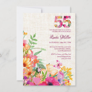 Convite 55 Anos Flores Floral Linho Aniversário de 55 anos