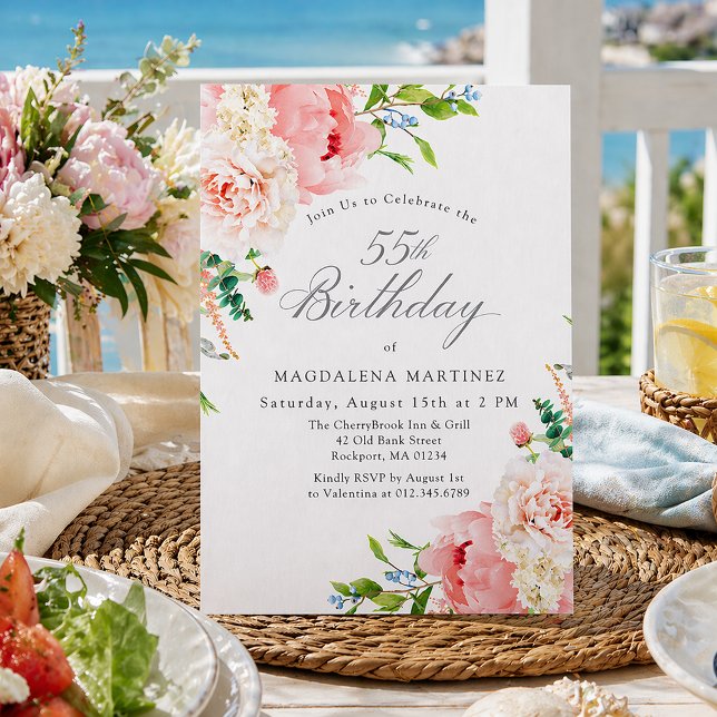 Convite 55th Birthday Party Feminine Pink Roses Floral (Criador carregado)