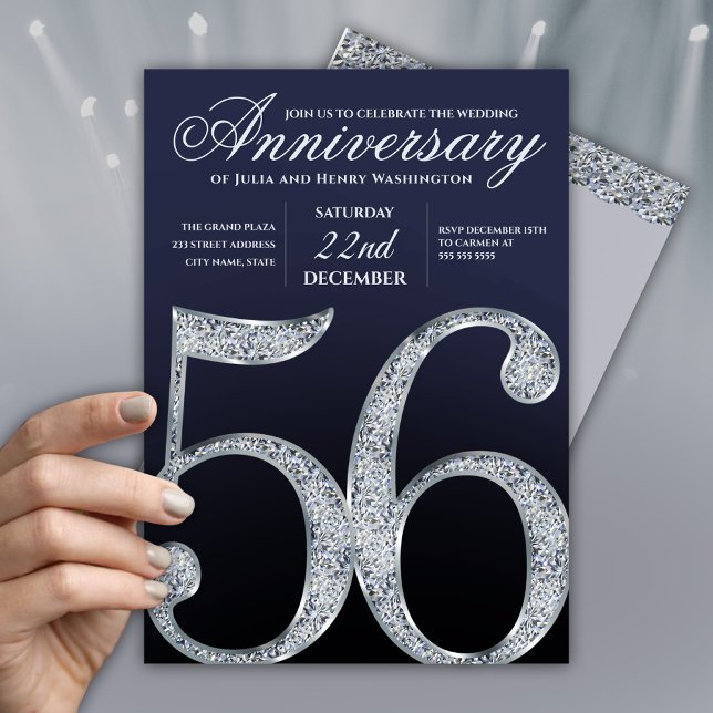 Convite 56th Anniversary Diamond Silver Navy Blue Modern (Criador carregado)