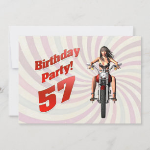 Convite 57ª festa de aniversário com uma garota em uma mot