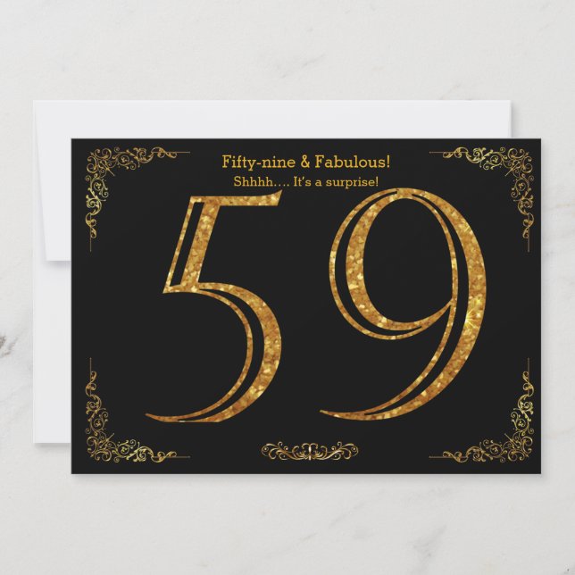 Convite 59.a Festa de aniversário,Gatsby styl,dourado pret (Frente)