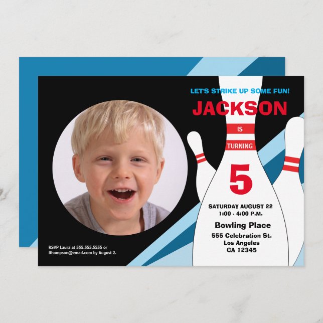 Convite 5 aniversário boliche festa azul vermelho (Frente/Verso)