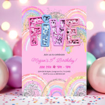 5 Birthday Invitation Girl Editable Rainbow Sequ