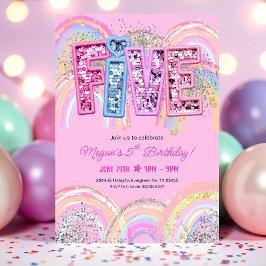 Convite 5 Birthday Invitation Girl Editable Rainbow Sequ