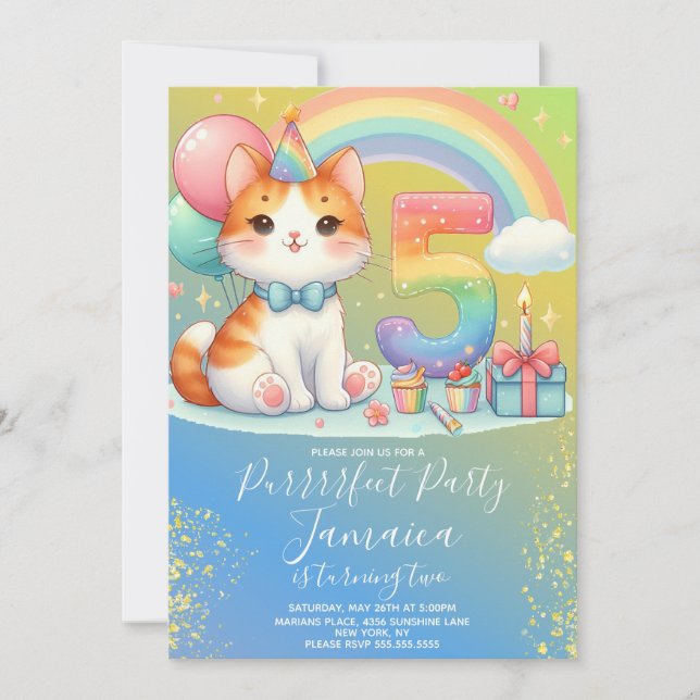 Convite 5 Birthday Kitten Rainbow Party (Frente)
