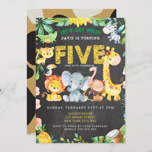 Convite 5 Birthday Safari Jungle Chalkboard Cute Boy (Frente/Verso)