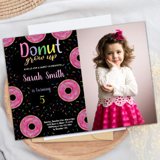 Convite 5 Black Pink Photo Rosquinha Birthday Invtions