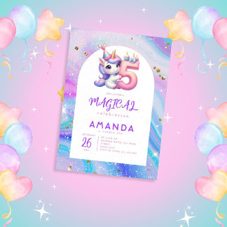 Convite 5 de Aniversário do Pastel Cute Unicorn