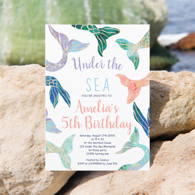 Convite 5 de aniversário do pastel de ouro brilhante da se (Glitter mermaid gold glitter pastel 5th birthday invitation)