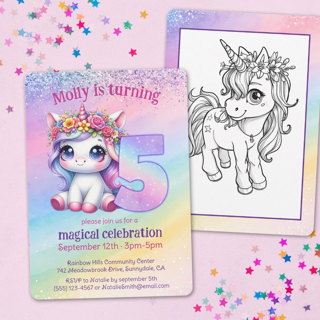 Convite 5 de aniversário mágico do Rainbow Unicorn (Criador carregado)