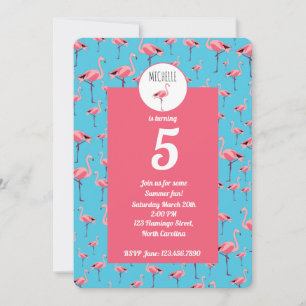 Convite 5 de Aniversário Tropical de Verão Rosa Flamingo