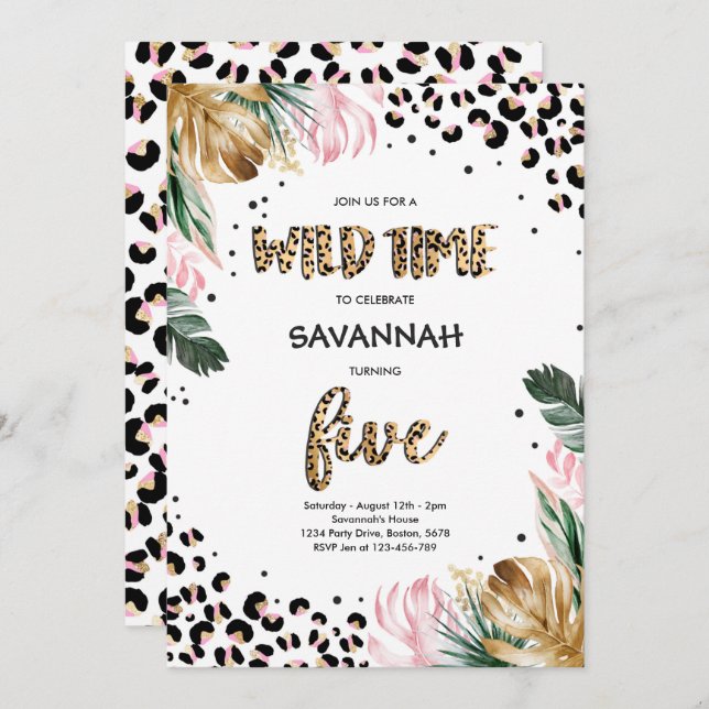 Convite 5 de Impressão de Leopardo - Festa da Selva Safari (Frente/Verso)