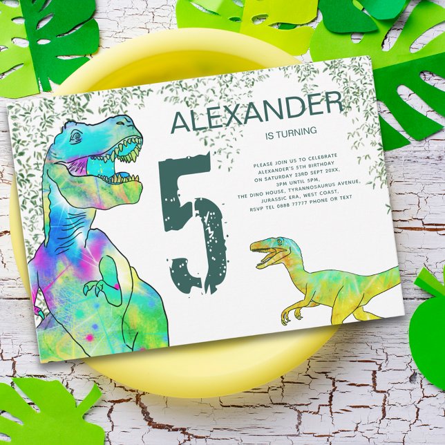 Convite 5 de Velociraptor T-Rex (T-Rex and velociraptor dinosaur 5th birthday party invitation  Jurassic jungle watercolor foliage)