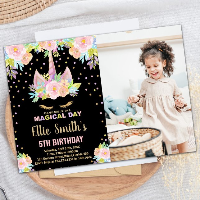 Convite 5 Floral Black Photo Unicorn Aniversário (5th Floral Black Photo Unicorn Birthday Invitation)