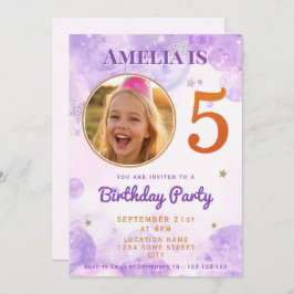 Convite 5 Purple Gold Star Bubbles 5th Birthday Invitation