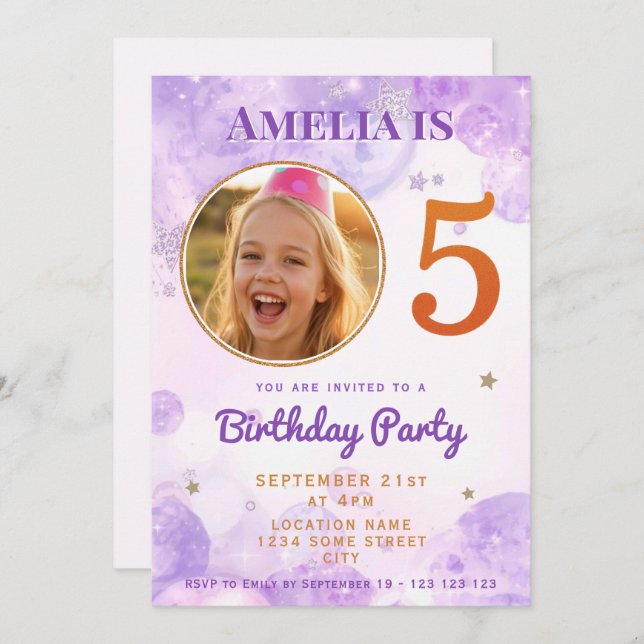 Convite 5 Purple Gold Star Bubbles 5th Birthday Invitation (Frente/Verso)