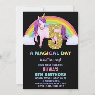 Convite 5 Rainbow Unicorn Aniversações de Aniversário Glit