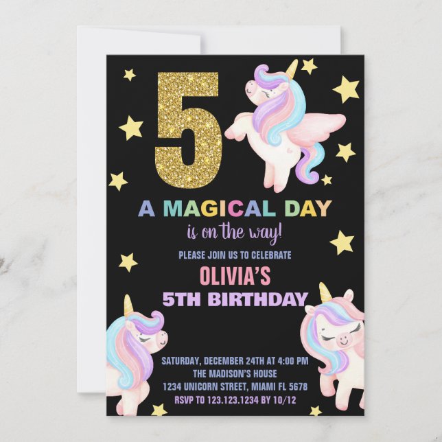 Convite 5 Rainbow Unicorn Aniversário Voa (Frente)