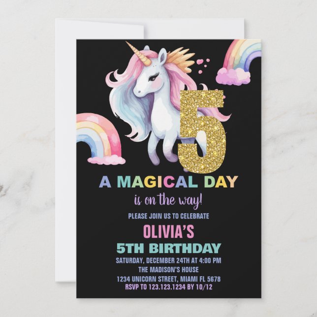 Convite 5 Rainbow Unicorn Birthday Invisions watercolo (Frente)
