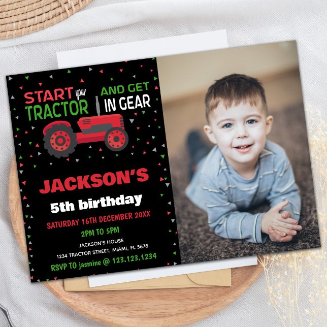 Convite 5 Red Trator Birthday Invances com foto (5th Red Tractor Birthday Invitations with photo)